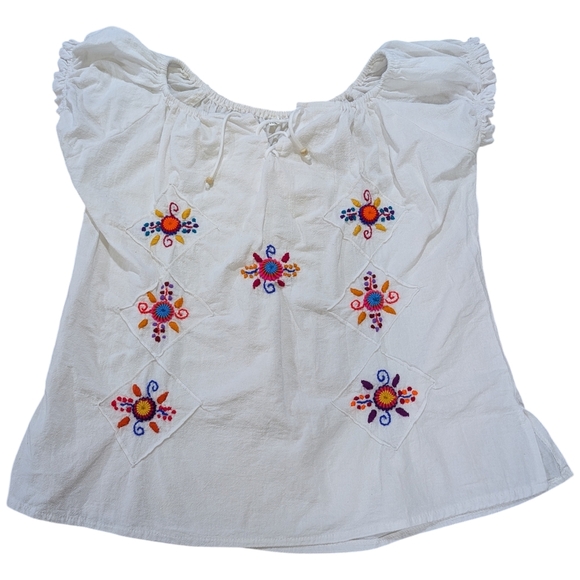 Handmade Tops - Embroidered White Cotton Peasant Blouse  Boho Floral Artisanal Women's Top XL